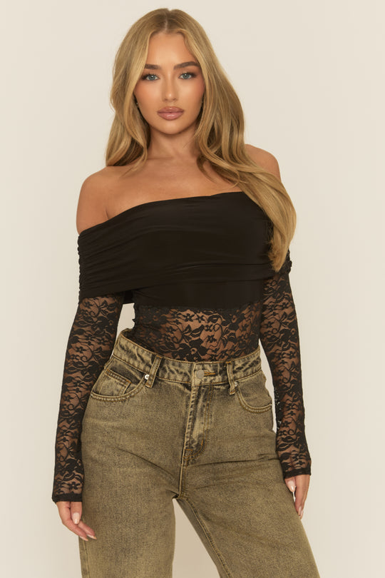 Black Lace Bardot Bodysuit - Leasha