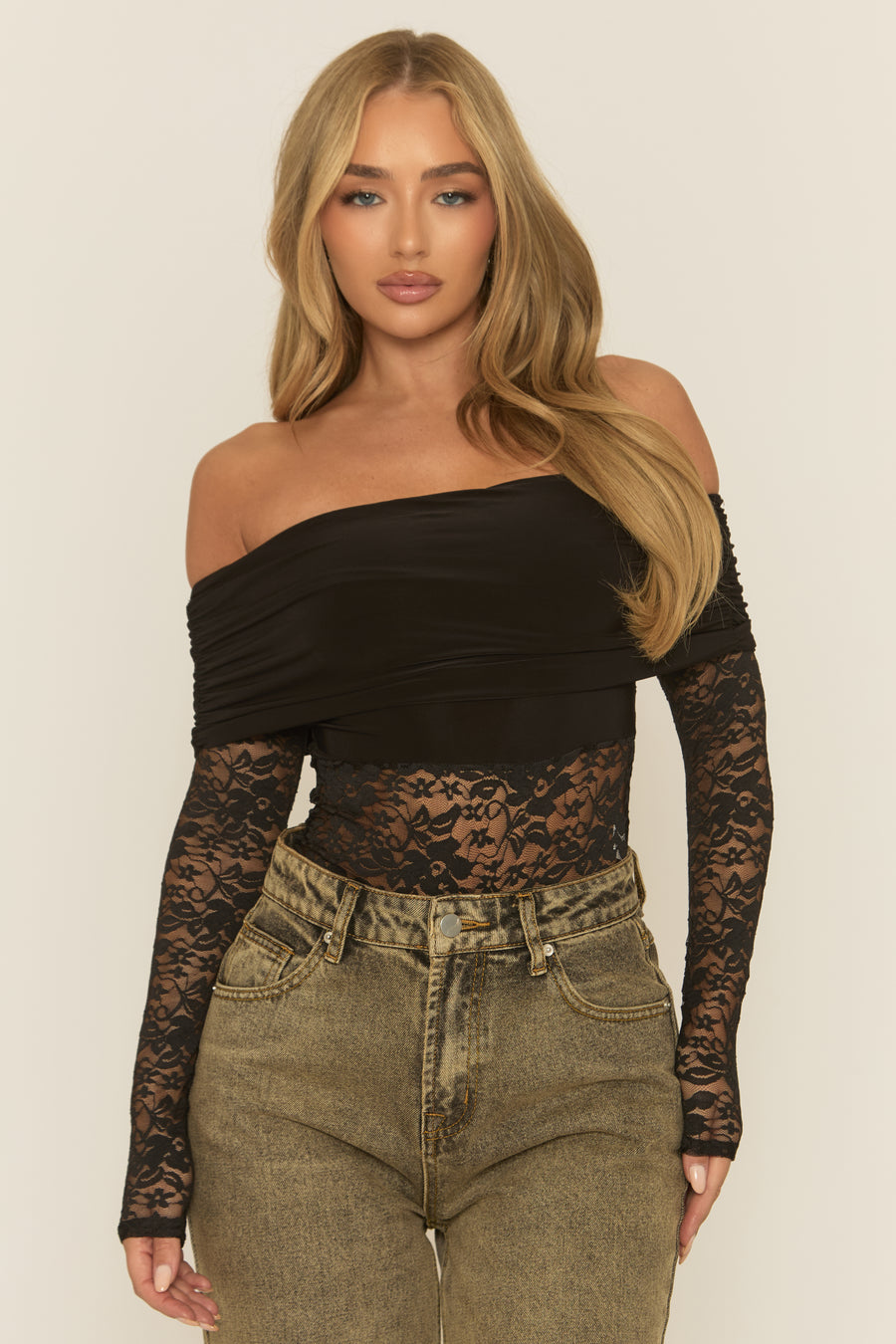 Black Lace Bardot Bodysuit - Leasha