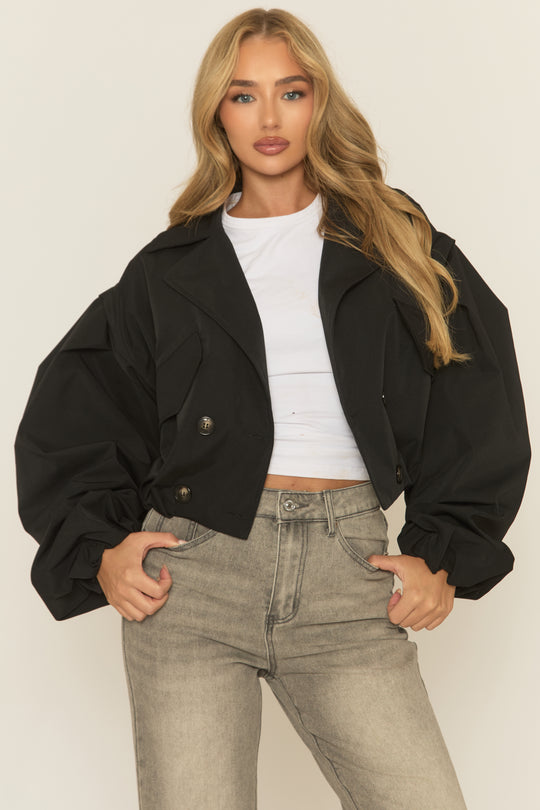 Black Double Breasted Cropped Trench Coat - Kienna