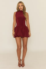Wine High Neck Puffball Mini Dress - Carmelita