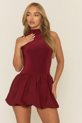 Wine High Neck Puffball Mini Dress - Carmelita