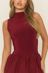 Wine High Neck Puffball Mini Dress - Carmelita