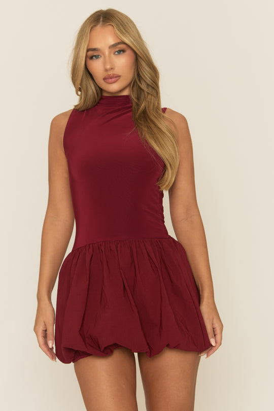 Wine High Neck Puffball Mini Dress - Carmelita