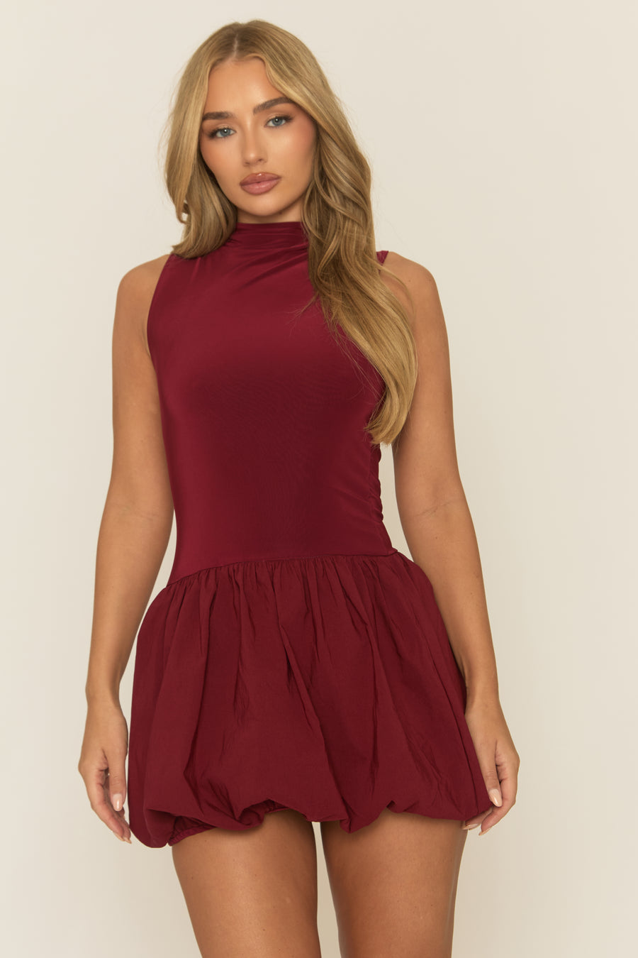 Wine High Neck Puffball Mini Dress - Carmelita