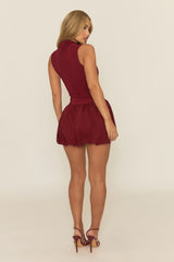 Wine High Neck Puffball Mini Dress - Carmelita