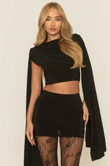 Black Gathered Cape Top and Mini Skirt Co-ord Set - Kenzie