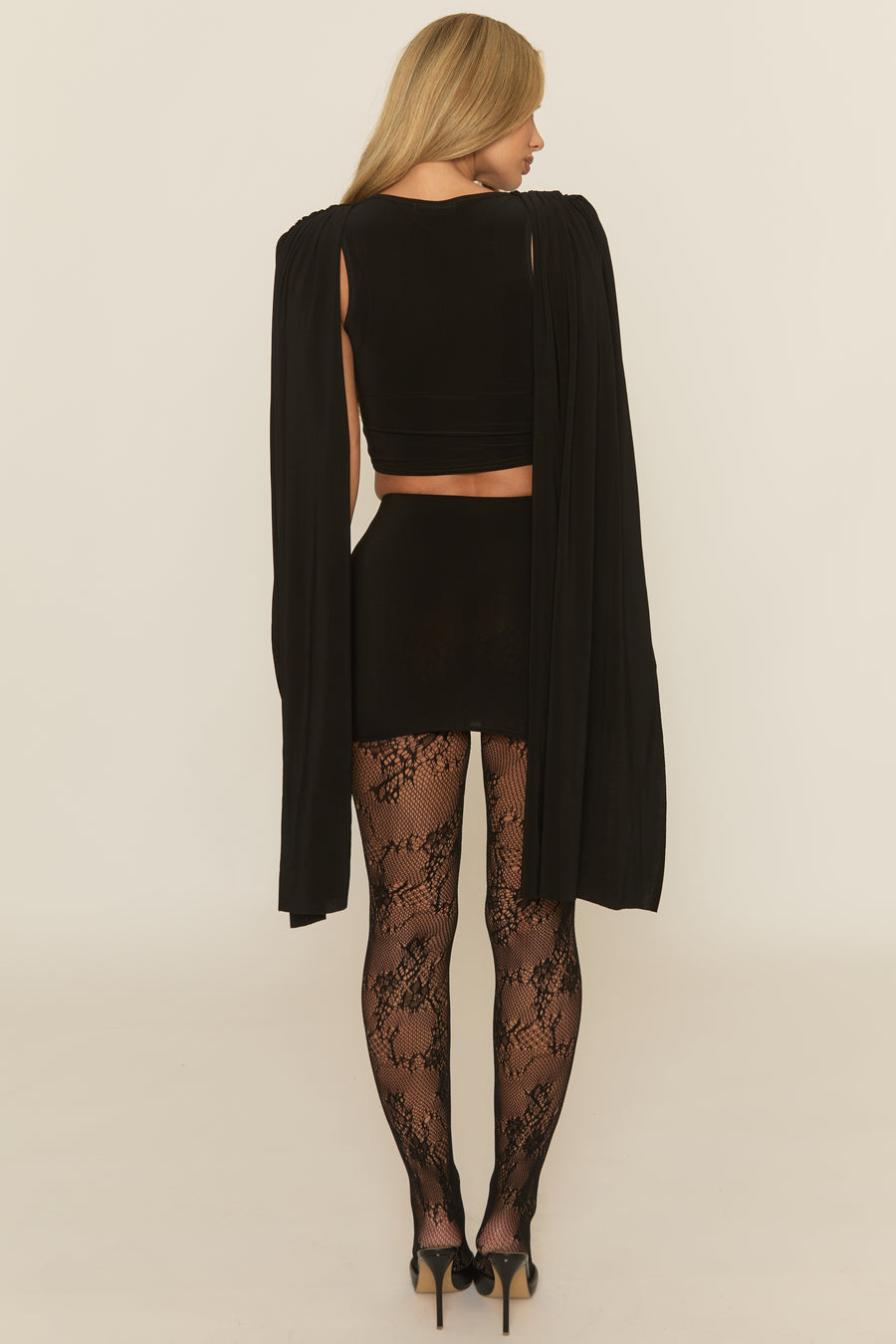 Black Gathered Cape Top and Mini Skirt Co-ord Set - Kenzie