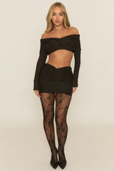 Black Bardot Drape Top and Mini Skirt Co-ord Set - Ethna