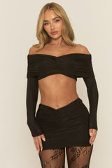 Black Bardot Drape Top and Mini Skirt Co-ord Set - Ethna