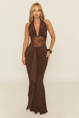 Chocolate Plunge Neck Lace Insert Maxi Dress - Minal