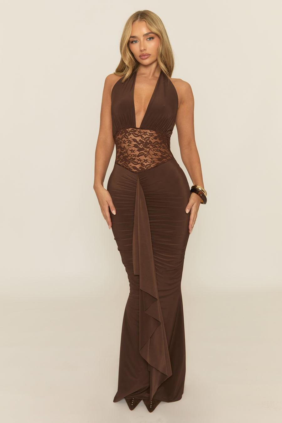 Chocolate Plunge Neck Lace Insert Maxi Dress - Minal
