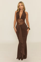 Chocolate Plunge Neck Lace Insert Maxi Dress - Minal