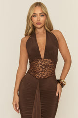 Chocolate Plunge Neck Lace Insert Maxi Dress - Minal