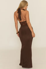 Chocolate Plunge Neck Lace Insert Maxi Dress - Minal