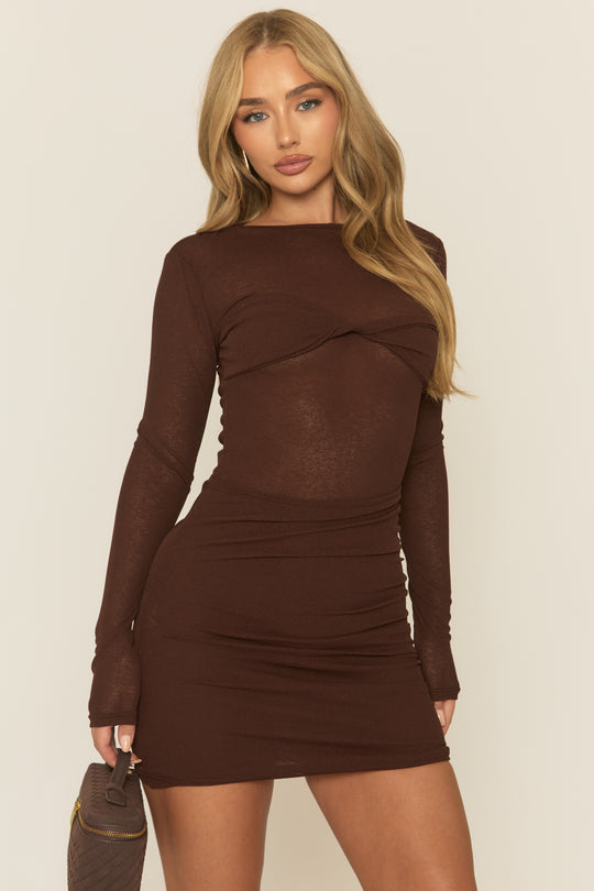 Chocolate Twist Front Long Sleeve Mini Dress - Reehan