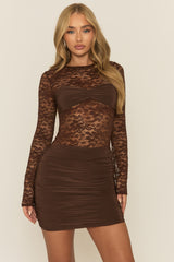 Chocolate Lace Gathered Bust Mini Dress - Arwen