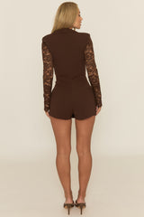 Chocolate Lace Sleeve Tailored Blazer Playsuit - Maisee