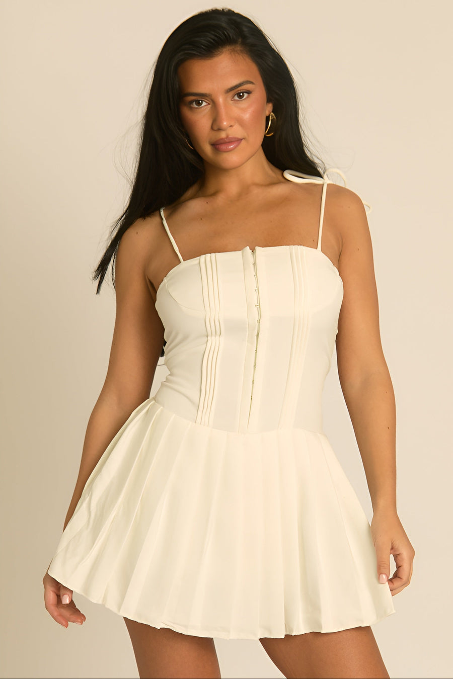 Cream Pleated Corset Mini Dress - Fitton