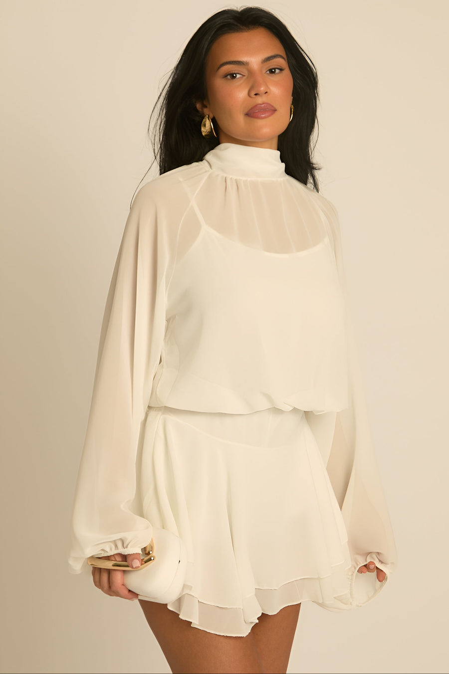 Cream Blouson Ruffle Playsuit - Mayna