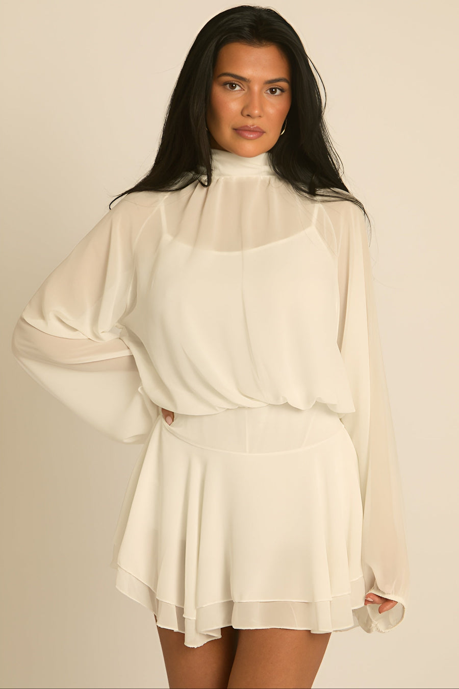 Cream Blouson Ruffle Playsuit - Mayna
