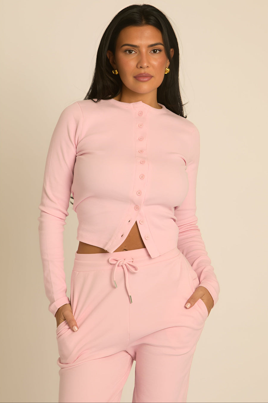 Pink Button Front Long Sleeve Top and Trouser Loungewear Co-ord Set - Izzabelle