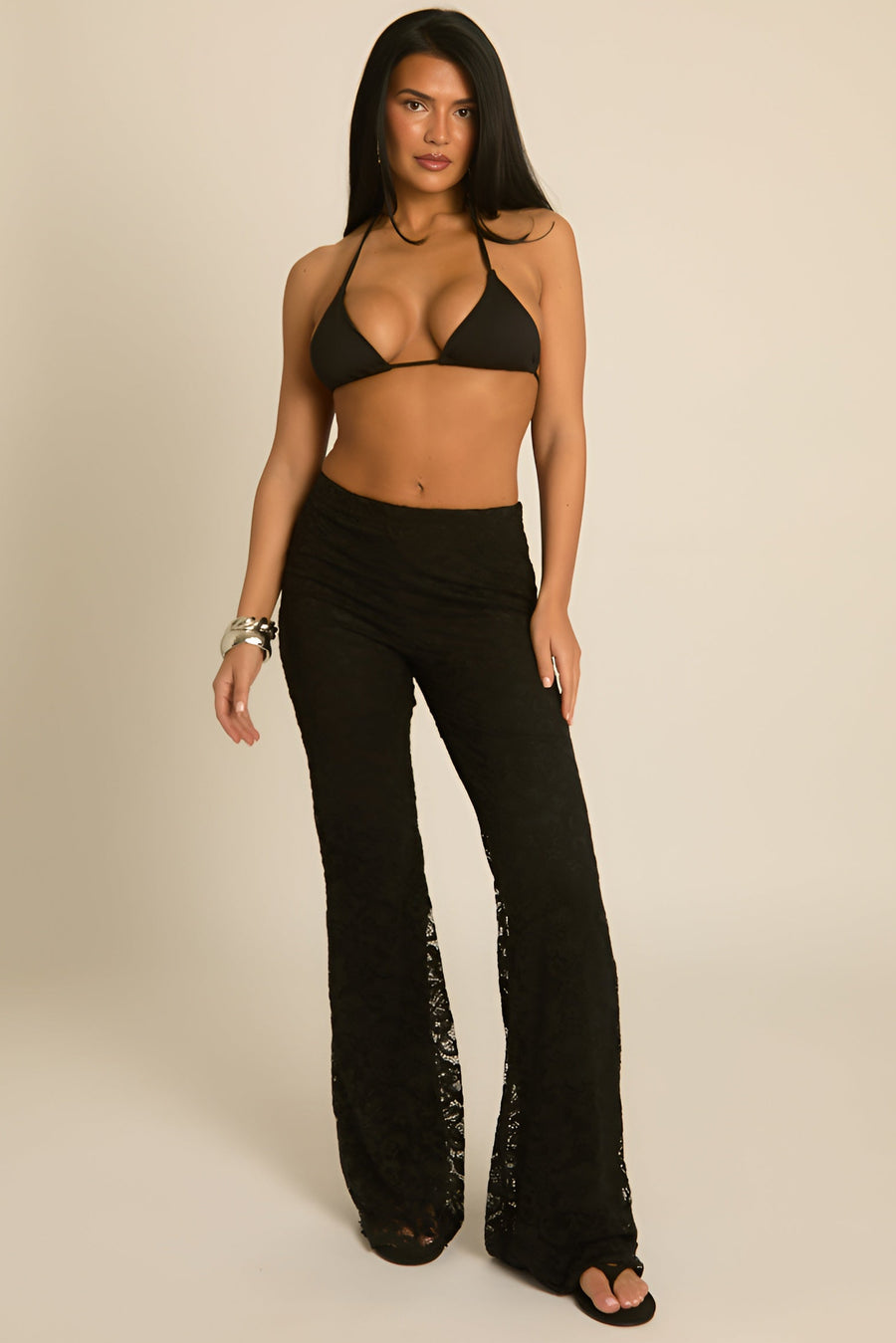 Black Lace Kick Flare Trousers - Elvita