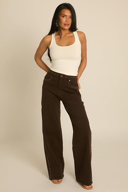 Chocolate Brown Studded Wide Leg Denim Jeans - Cardon