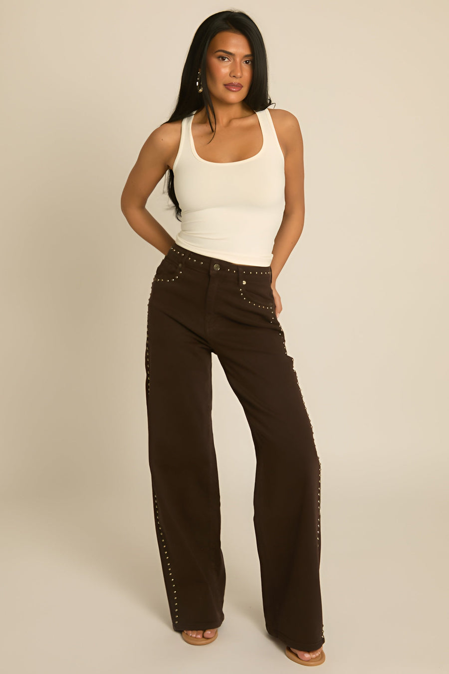 Chocolate Brown Studded Wide Leg Denim Jeans - Cardon