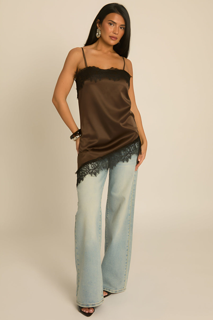 Chocolate Lace Trim Asymmetric Satin Cami Top - Rayleigh