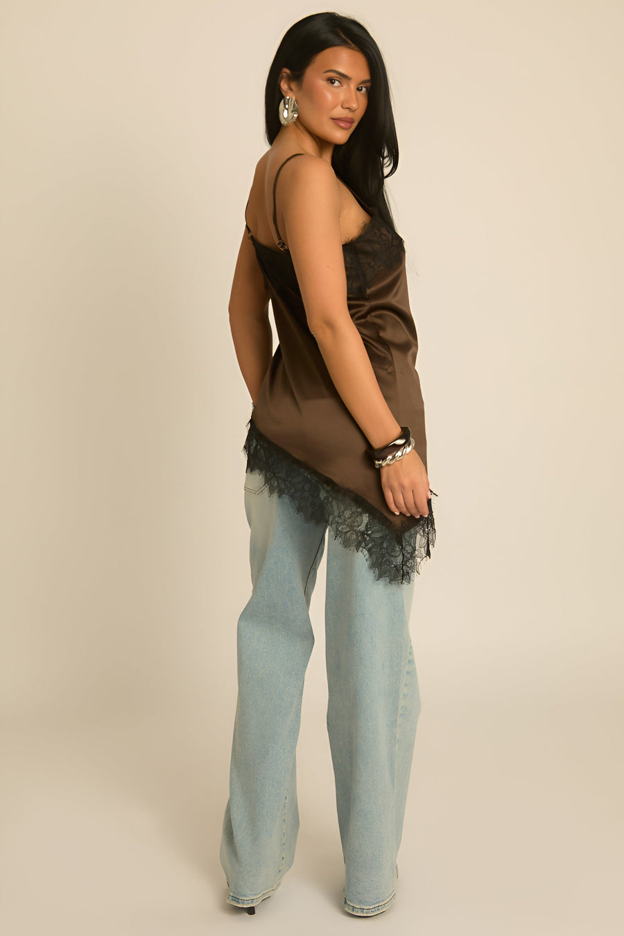 Chocolate Lace Trim Asymmetric Satin Cami Top - Rayleigh