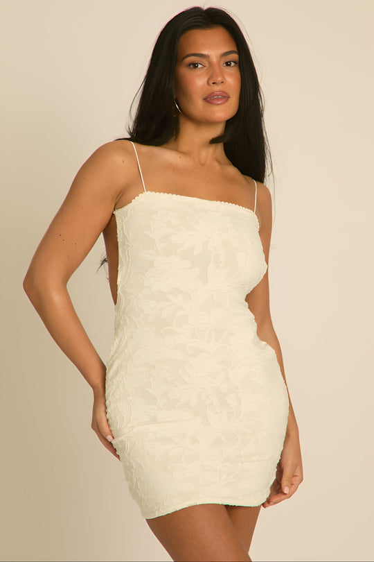 White Burnout Floral Low Back Mini Dress - Ellarae