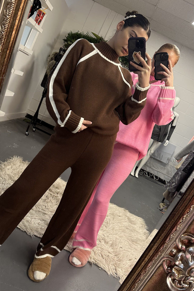 Brown Contrast Stitch knitted Co-ord Set - Lennon