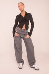 Black Zip Front Long Sleeves Ruched Top - Katherine