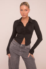 Black Zip Front Long Sleeves Ruched Top - Katherine