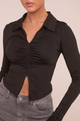 Black Zip Front Long Sleeves Ruched Top - Katherine