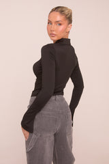 Black Zip Front Long Sleeves Ruched Top - Katherine