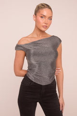 Silver Metallic Lurex One shoulder Crop Top - Isabelle