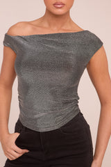 Silver Metallic Lurex One shoulder Crop Top - Isabelle