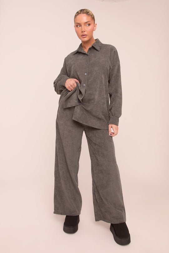 Grey Oversized Button Up Shirt & Straight Leg Trouser Co-ord Set - Rosalie