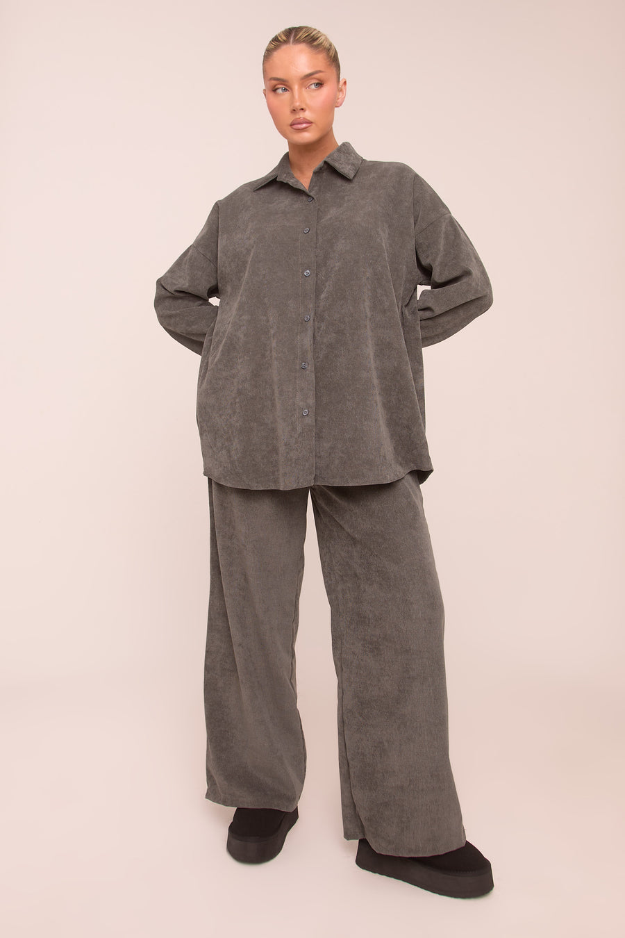Grey Oversized Button Up Shirt & Straight Leg Trouser Co-ord Set - Rosalie