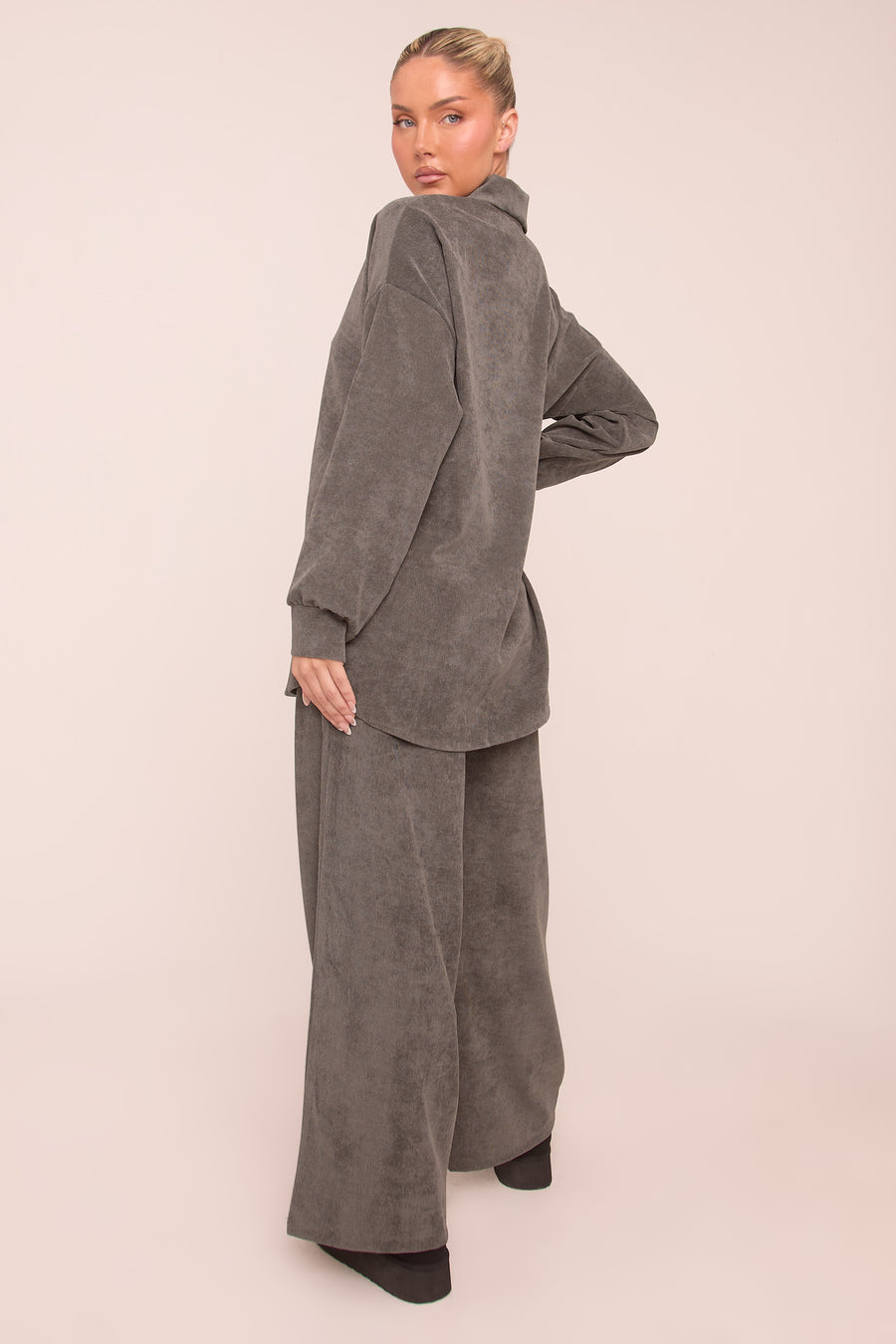 Grey Oversized Button Up Shirt & Straight Leg Trouser Co-ord Set - Rosalie