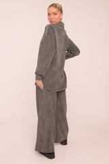 Grey Oversized Button Up Shirt & Straight Leg Trouser Co-ord Set - Rosalie