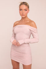 Pink Lurex Bardot Ruched Bodycon Mini Dress - Vivian