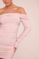 Pink Lurex Bardot Ruched Bodycon Mini Dress - Vivian