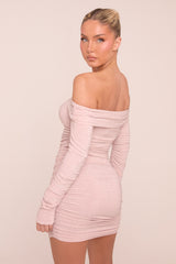 Pink Lurex Bardot Ruched Bodycon Mini Dress - Vivian