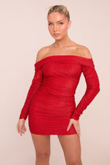 Red Lurex Bardot Ruched Bodycon Mini Dress - Vivian