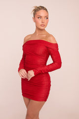 Red Lurex Bardot Ruched Bodycon Mini Dress - Vivian
