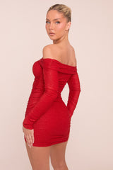 Red Lurex Bardot Ruched Bodycon Mini Dress - Vivian