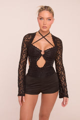 Black Lace Cut Out Detail Playsuit - Sloane