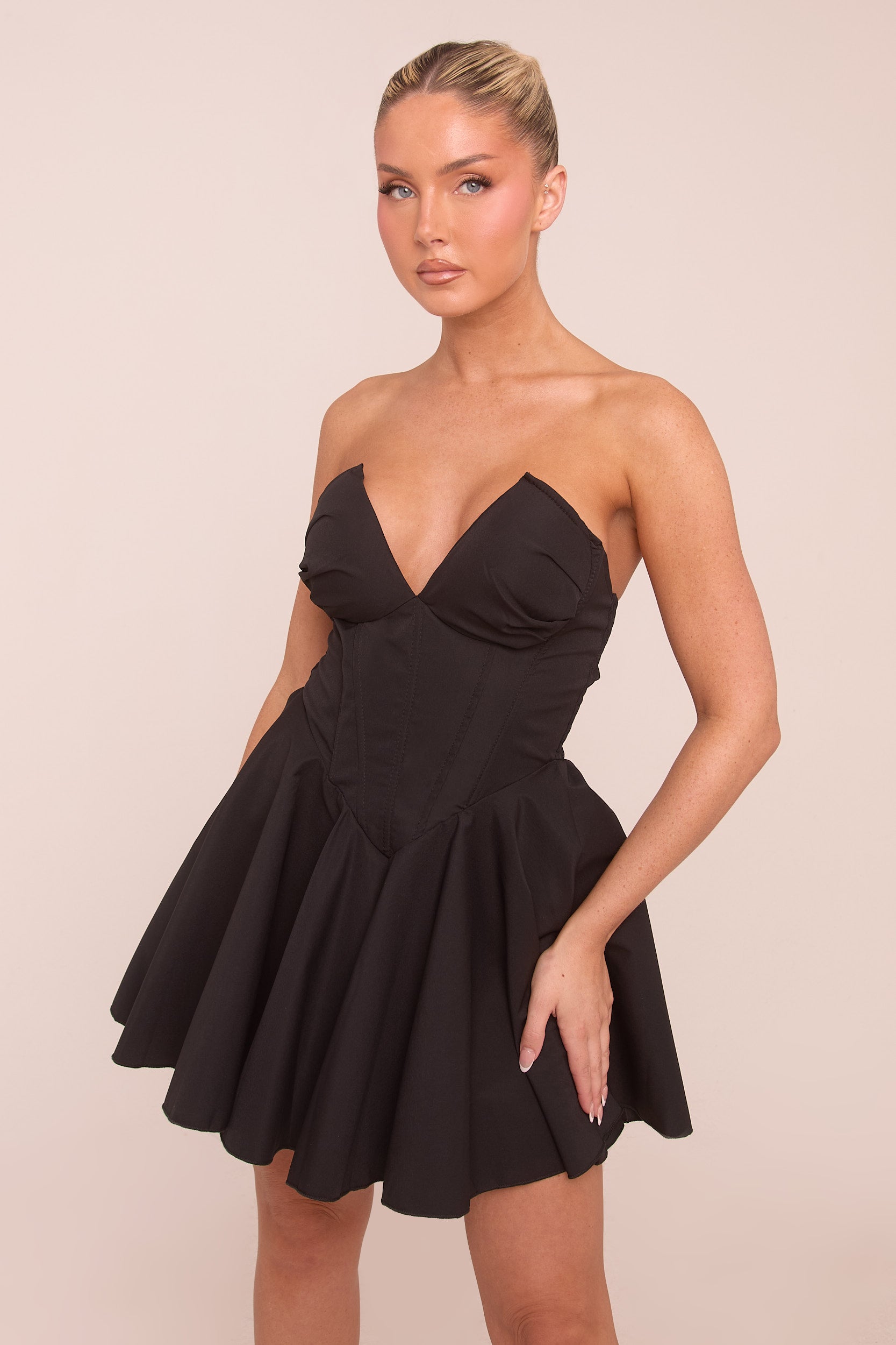Black Corset Detail Gathered Mini Dress